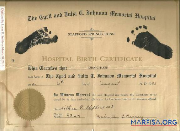 Blank United States Cyril and Julia Johnson Memorial hospital birth certificate sample